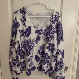 LOFT White and Purple Floral Knit Sweater